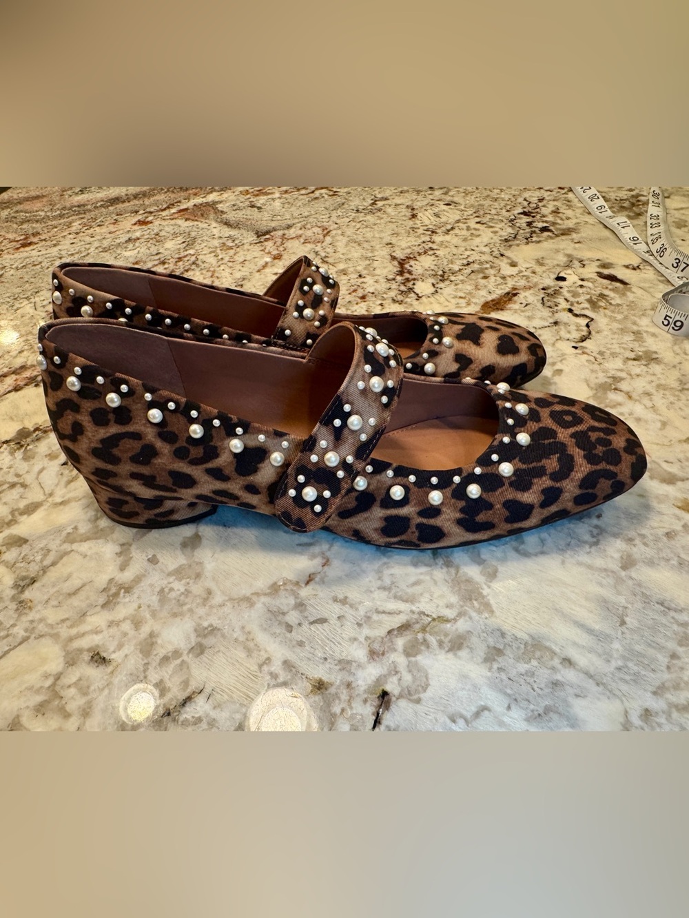 Copper Key Leopard Print Pearl-Trim Mary Jane Flats - Brown